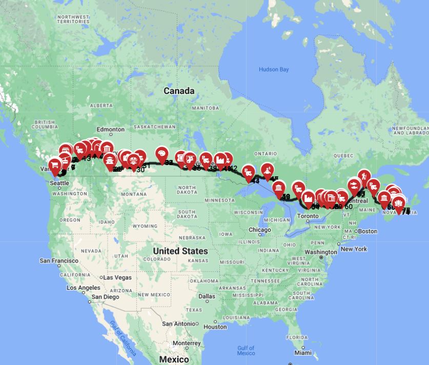 Map for Vancouver to Halifax - Canada coast to coast West to East